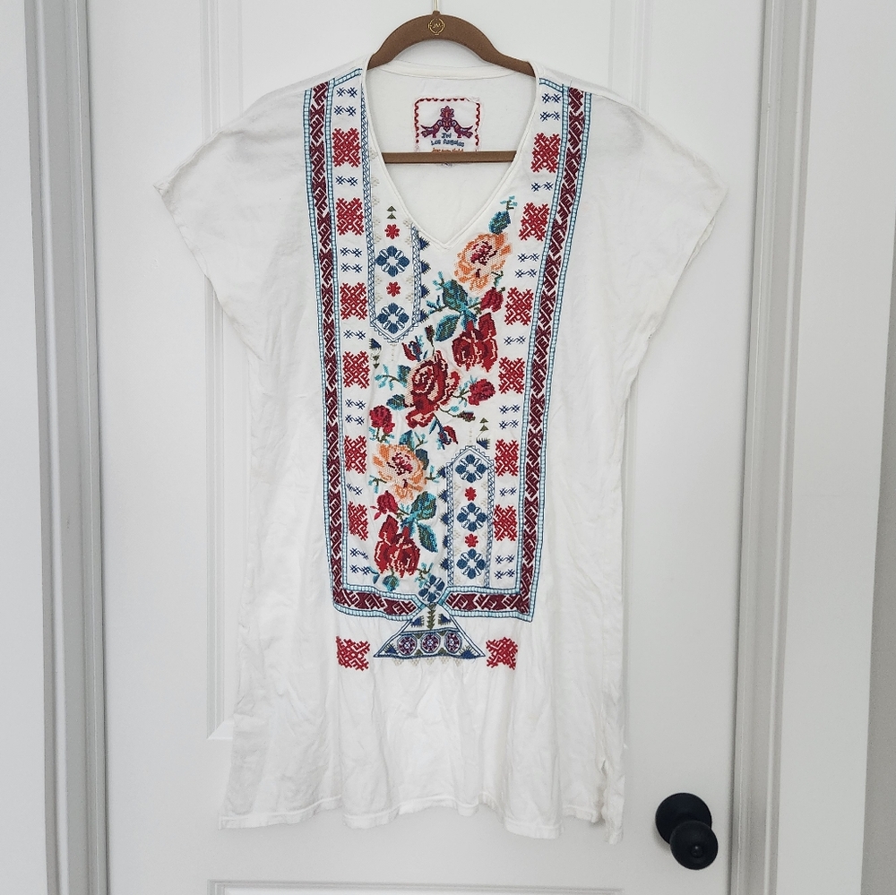 Johnny Was Embroidered Tunic Long Top Cotton White Small